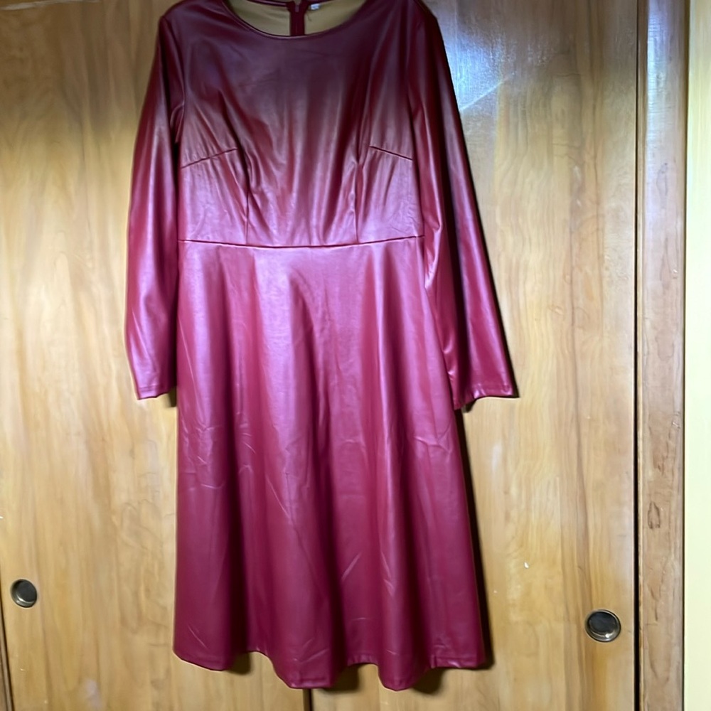 Burgundy Red faux leather flair dress long sleeves